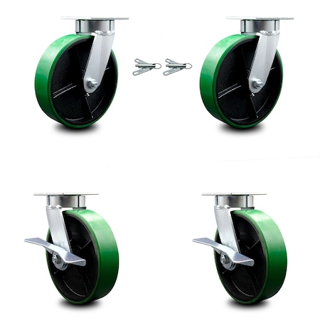 Service Caster 8 Inch Kingpinless Green Poly on Steel Wheel Caster Swivel Locks 2 Brakes, 2PK SCC-KP30S820-PUR-GB-BSL-2-SLB-2